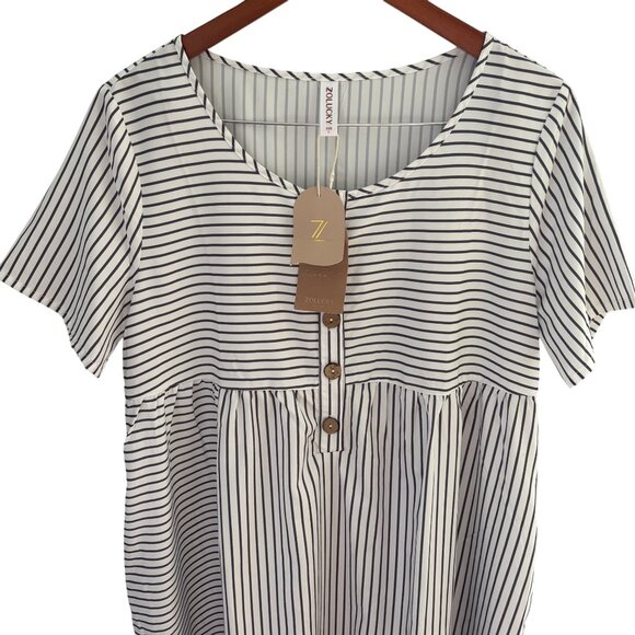 Zolucky Women's Midi Dress Sz Large White w/ Gray Pin Stripes Side Pockets Soft - Picture 7 of 12